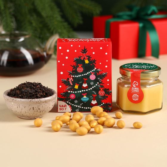 !09 Набор «Веселья в новом году»: чай со вкусом лесных ягод 50 г., крем-мед хлопковый 120 г., арахис в шоколадной глазури, 100 г., носки р-р: 36–39, термос 500 мл.