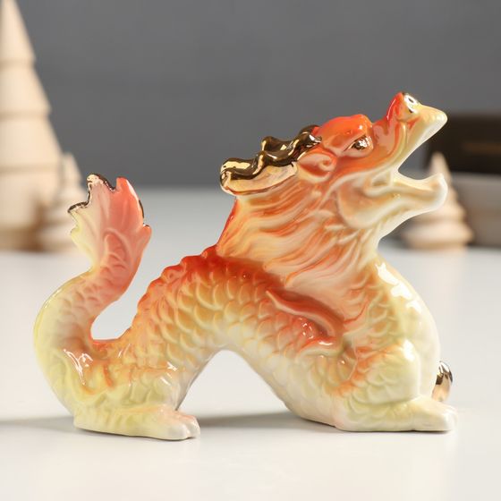 !09 Фигурка керамика «Китайский огненный дракон рычит», с золотом, 5×12×9 см.