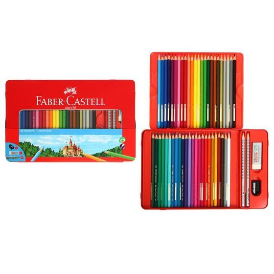 Карандаши 48 цвета Faber-Castell &quot;Замок&quot;, трёхгранный корпус, 2 чернографитных карандаша , с ластиком, в металлическом пенале