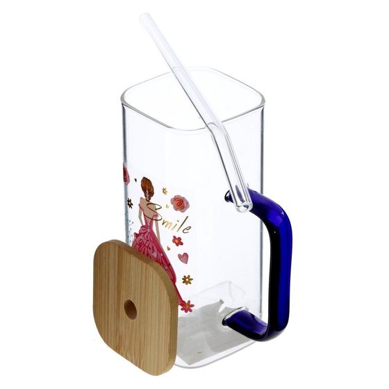 Кружка с крышкой и трубочкой, L5,8 W5,8 H13,5 см, 1 штука, дизайн микс