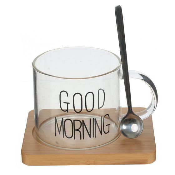 Кружка с ложкой на деревянной подставке, 300 мл, L12 W9,5 H10 см, 2в.