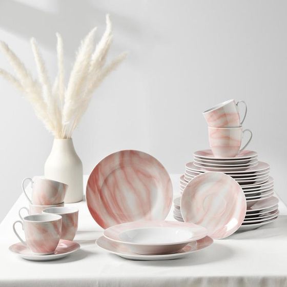 Набор керамической посуды Доляна «Мрамор», 24 предмета: тарелки d=19/21/24 см, чайная пара 200 мл, цвет розовый