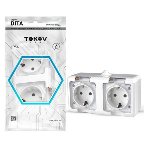 Розетка TOKOV ELECTRIC,Dita,2-м,16А,IP54,250В,с з/к,с прозр.кр,белый,TKL-DT-R2Z-C01T-IP54