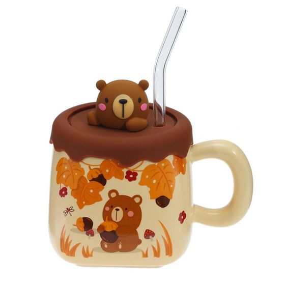 Кружка с крышкой и трубочкой, 400 мл, L13 W9,5 H12 см,дизайн микс