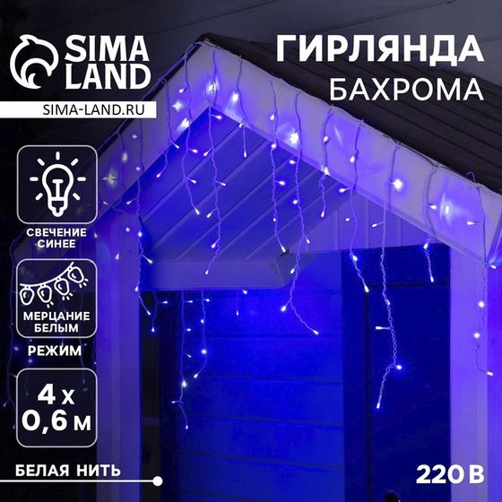 Гирлянда «Бахрома» 4 × 0.6 м, IP44, белая нить, 180 LED, свечение синее, мерцание белым, 220 В
