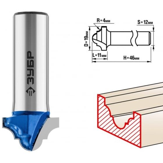 Фреза пазовая ЗУБР 28745-19, фасонная №6, R = 4 мм, 19 x 11 мм