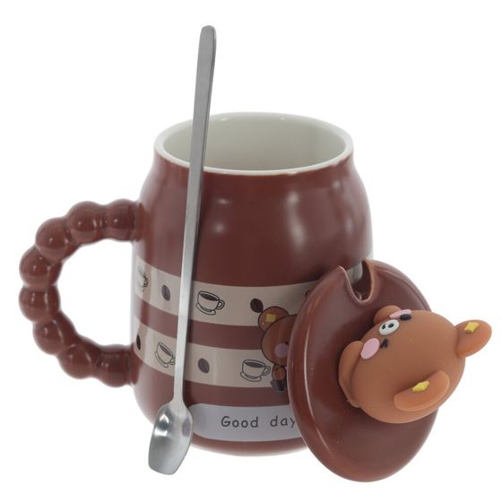 Кружка с крышкой и ложкой, 500 мл, L13 W9 H15,5 см,дизайн микс