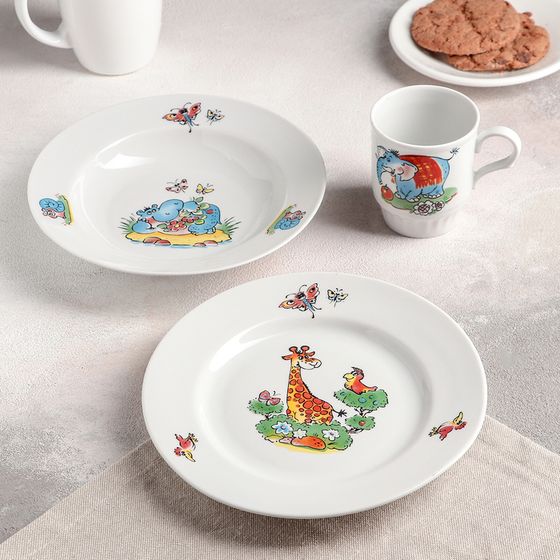 Набор посуды фарфоровой «Зоопарк»», 3 предмета: тарелка d=20 см, салатник d=19,8 см, кружка 200 мл