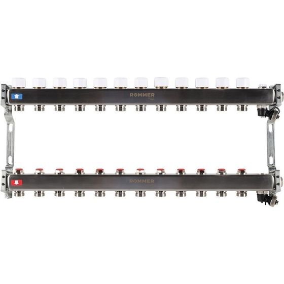 Коллектор ROMMER RMS-3201-000012, 1&quot;х3/4&quot;, 12 выходов, без расходомеров, клапан, слив, нерж