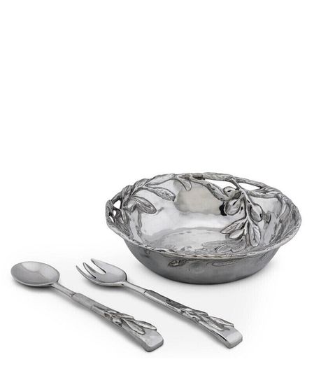 Sand-Cast Aluminum Salad Set, Olive Pattern, 3 Pieces Bowl Plus 2 Servers