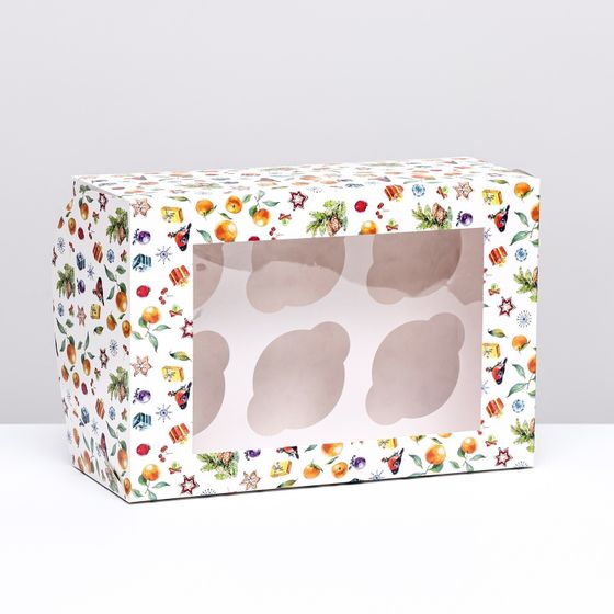 !09 Упаковка на 6 капкейков с окном "Новогоднее настроение", 25 х 17 х 10 см