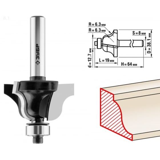Фреза кромочная ЗУБР 28787-38.1, калевочная №4, R = 6.3 мм, 42.8 x 19 мм