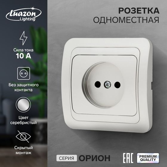 Розетка одноместная Luazon Lighting &quot;Орион&quot;, 10 А, скрытая, без з/к, серебристая