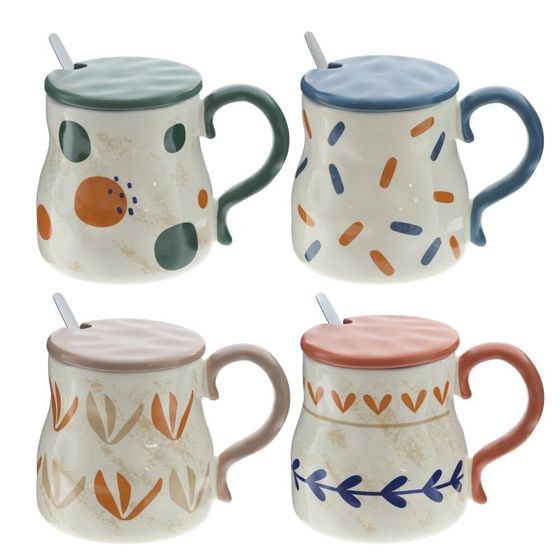 Кружка с крышкой и ложкой, L8,3 W8,3 H10,2 см, 1 штука, дизайн микс