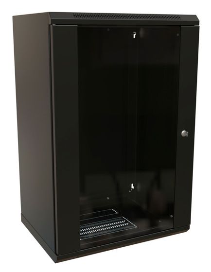 Шкаф коммутационный WRline (WR-TW-1845-GP-RAL9004) настенный 18U 600x450мм пер.дв.стекл 2 бок.пан. направл.под винты 60кг черный 370мм 908мм IP20 ста