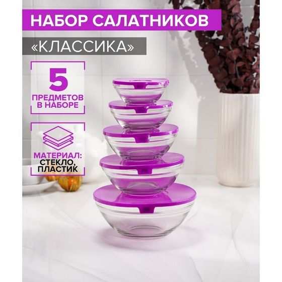 Набор стеклянных салатников с крышками Доляна «Классика», 5 предметов: 100 мл (d=9 см), 200 мл (d=10,5 см), 300 мл (d=12,5 см), 400 мл (d=16 cм), 850 мл (d=17 см), цвет фиолетовый