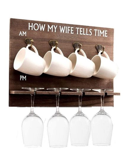 How My Wife Tells Time Wall Mounted Wine Rack with Wine Glasses and Coffee Mugs, Set of 9