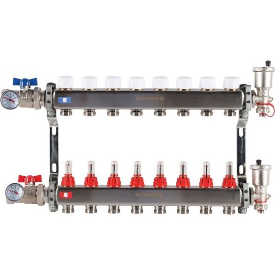 Коллектор ROMMER RMS-1210-000008, 1&quot;х3/4&quot;, 8 выходов, в сборе с расходомерами, нерж. сталь