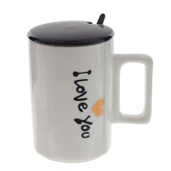 Кружка с крышкой и ложкой, 400 мл, L11 W7,5 H12 см, дизайн микс