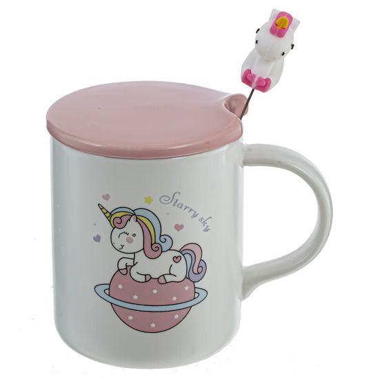 Кружка с крышкой и ложкой, 350 мл, L11,5 W8 H9,5 см, дизайн микс