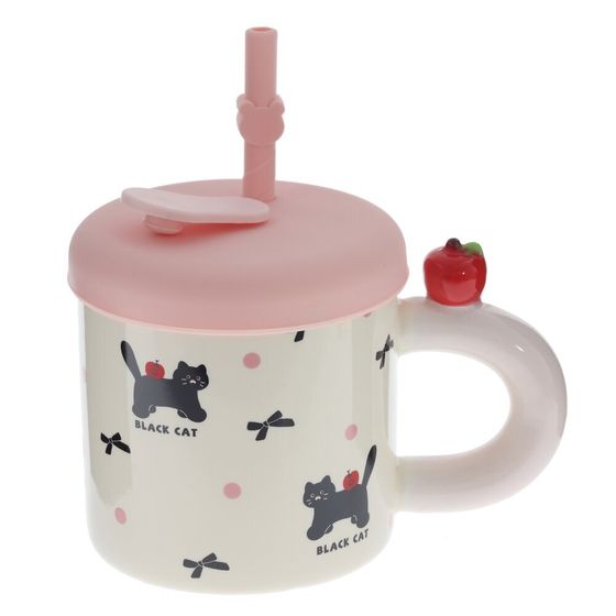 Кружка с крышкой и трубочкой, 330 мл, L14 W9 H14 см, 4в.