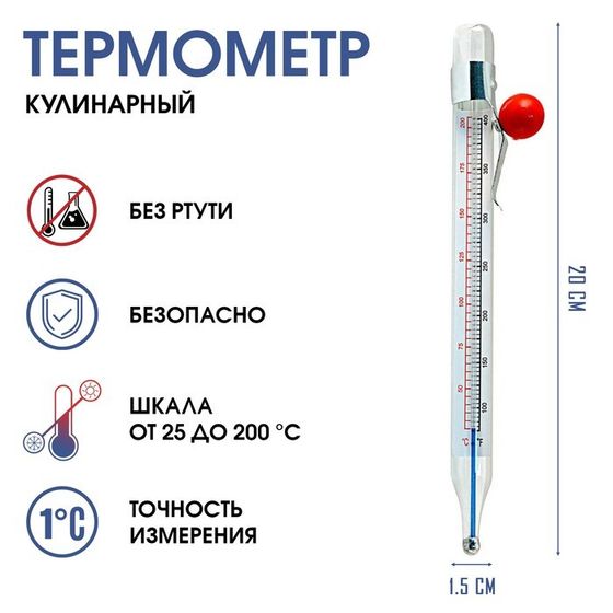 Термометр, градусник кулинарный, пищ &quot;Для кухни&quot;, от 20 до 200 °C, 20 см х 1.5 см