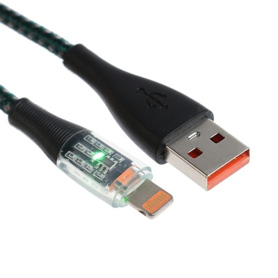 Кабель, 2 А, Lightning  - USB, прозрачный, оплётка нейлон, 1 м, зелёный