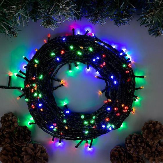 !09 Гирлянда «Нить» 20 м, IP20, тёмная нить, 200 LED, свечение мульти, 8 режимов, 220 В