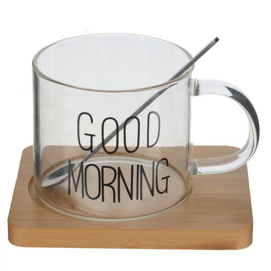 Кружка с ложкой на деревянной подставке, 300 мл, L12 W9,5 H10 см, 2в.