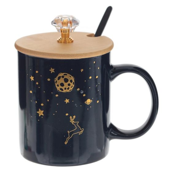 Кружка с крышкой и ложкой, 300 мл, L12 W8 H12 см, дизайн микс