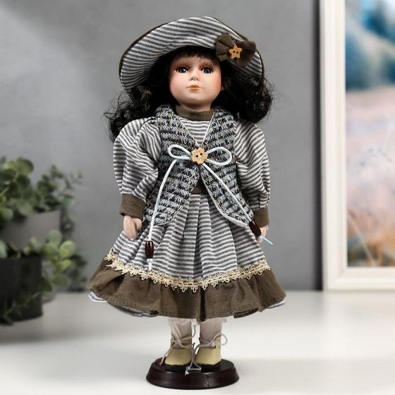 Кукла коллекционная керамика &quot;Валя в платье в полоску и вязаном жилете&quot; 30 см