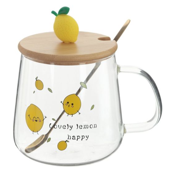 Кружка с крышкой и ложкой, 500 мл, L13 W9 H12,5 см, дизайн микс