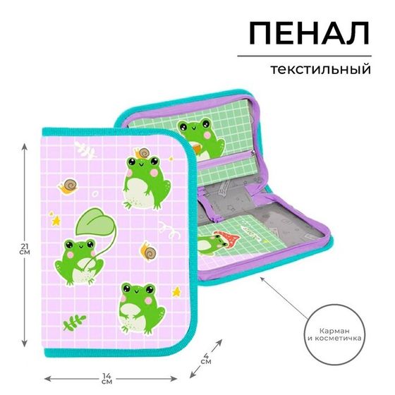 Пенал 1 секция 140 х 210 х 40 мм, откидной карман и косметичка, тканевый, Calligrata TOP Content &quot;Лягушки&quot;