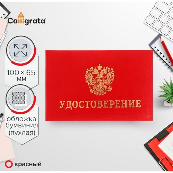 Удостоверение 100 х 65 мм, Calligrata, обложка с ПОРОЛОНОМ (пухлая), бумвинил, цвет красный