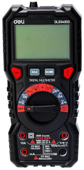 Мультиметр Deli DL334303 цифровой напряж. 0-1000В, сила тока 0,02-10А сопр. до 60 МО