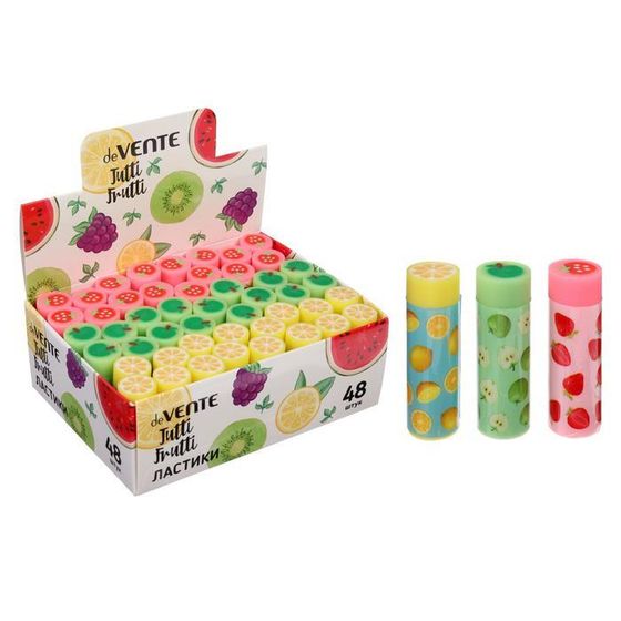 Ластик синтетика, deVENTE Fruits, 50 х 12 мм, цилиндр, МИКС х 4 цвета, картонная коробка