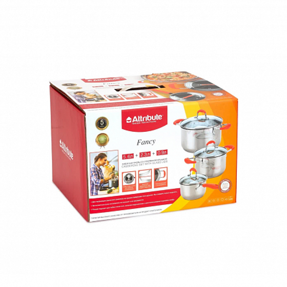 Набор посуды из нержавеющей стали FANCY 6пр.: ковш 0.9л + кастрюли 2.3л, 5.6л