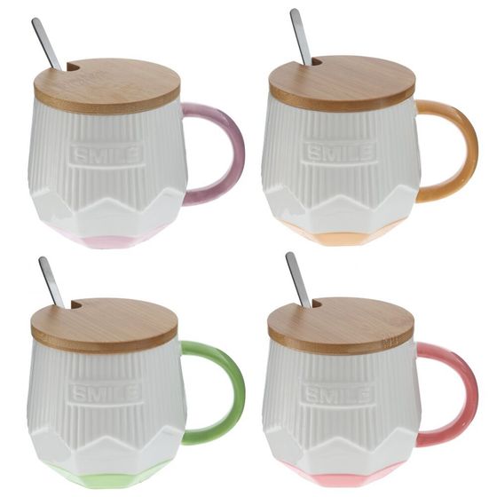 Кружка с крышкой и ложкой, L8,2 W8,2 H9 см, цвет микс