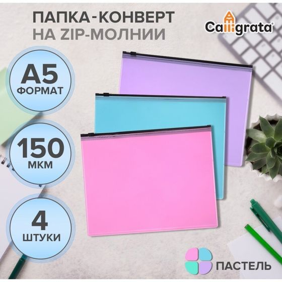 Набор папок-конвертов на ZIP-молнии A5, 150 мкм, Calligrata Pastel, полупрозрачные, 4 штуки, МИКС