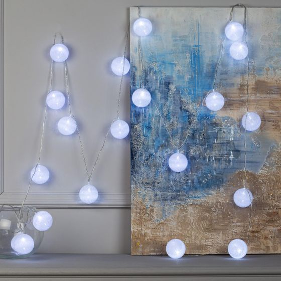 !09 Гирлянда «Нить» 5 м с насадками «Клубки белоснежные», IP20, прозрачная нить, 20 LED, свечение белое, 220 В