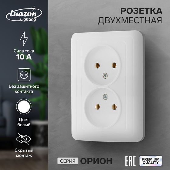 Розетка двухместная Luazon Lighting &quot;Орион&quot;, 10 А, скрытая, без з/к, белая