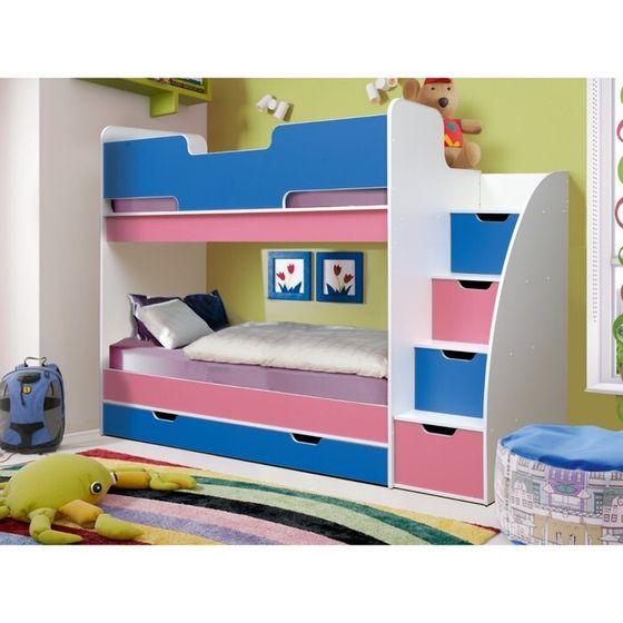 Кровать детская двухъярусная «Юниор 9», 800 × 1900 мм, цвет белый / синий / розовый