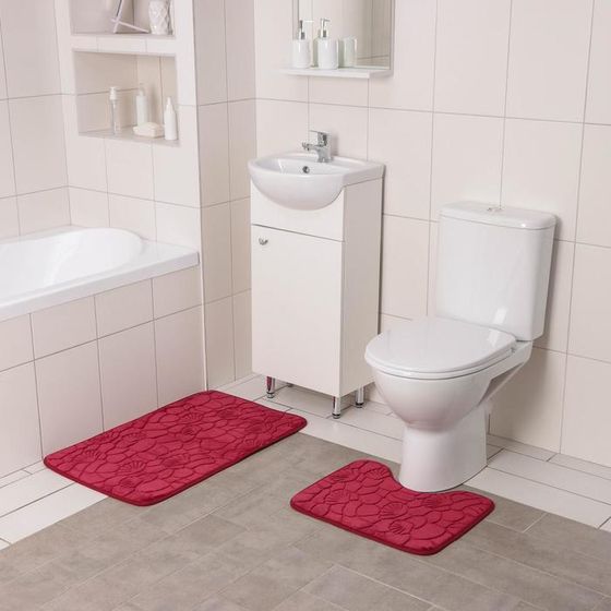 Набор ковриков для ванной и туалета Доляна «Галька, ракушки», 2 шт: 40×50, 50×80 см, цвет бордовый