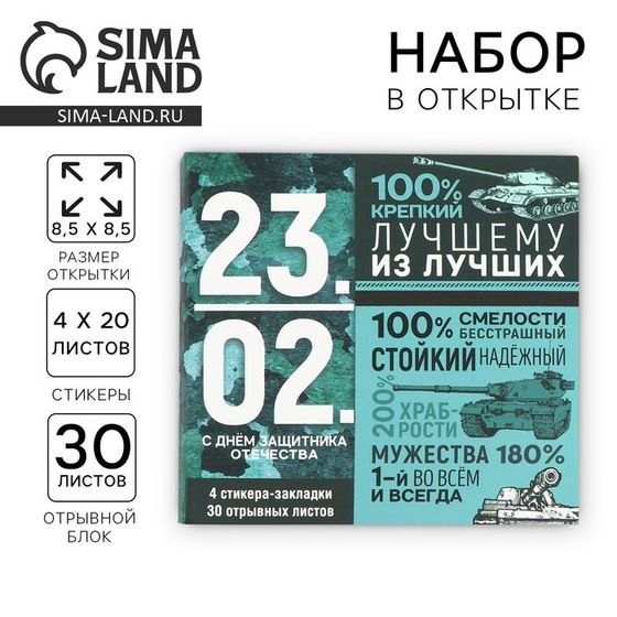 Подарочный набор в открытке «23 февраля», стикеры 4х20 л, отрывной блок 30 л