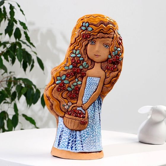 Сувенир  керамика  &quot;Девушка с корзиной&quot;, платье в горошек (Ваза), светлая h=40,5см V=2.5л