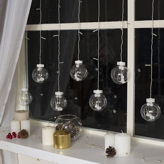 !09 Гирлянда «Бахрома» 2.4 x 0.7 м с насадками «Шарики», IP20, прозрачная нить, 108 LED, свечение синее, 8 режимов, 220 В