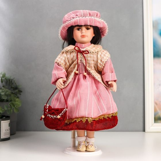 Кукла коллекционная керамика &quot;Ксюшенька в платье в клетку цвета пыльной розы&quot; 40 см
