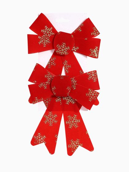 !09 Ёлочные игрушки (набор 2 штуки) «Зимнее волшебство. Бант в снежинках» пластик, 14×16 см, красно-золотой