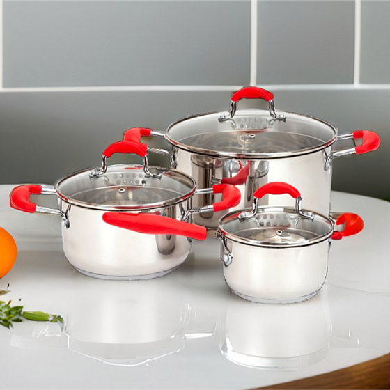 Набор посуды из нержавеющей стали FANCY 6пр.: ковш 0.9л + кастрюли 2.3л, 5.6л