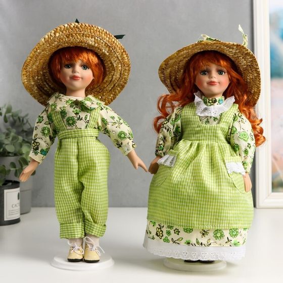 Кукла коллекционная парочка набор 2 шт &quot;Таня и Ваня в ярко-зелёных нарядах в клетку&quot; 30 см